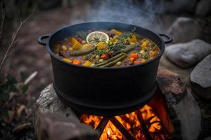 delicioso e quente caçadores ensopado em fogueira Comida fotografia foto