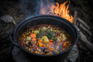 delicioso e quente caçadores ensopado em fogueira Comida fotografia foto