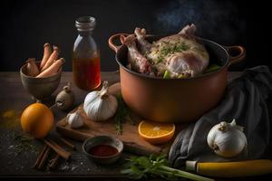 ingredientes para assado carne de porco junta dentro caçarola com especiarias foto