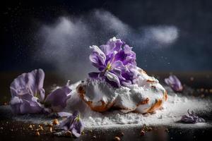 caseiro e saboroso frito lilás flor com em pó açúcar Comida fotografia foto