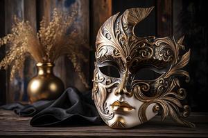dourado veneziano mascarar em uma de madeira mesa foto