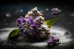 caseiro e saboroso frito lilás flor com em pó açúcar Comida fotografia foto