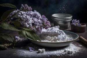 preparação para frito lilás flor com em pó açúcar. doce sobremesa fotografia foto