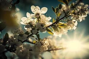 fotos Primavera florescendo - branco flores e luz solar dentro a céu, fotografia