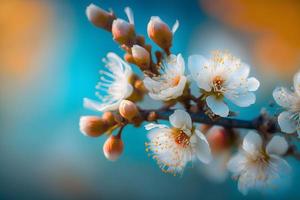 fotos lindo floral Primavera abstrato fundo do natureza. galhos do florescendo Damasco macro com suave foco em □ Gentil luz azul céu fundo