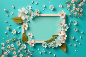 lindo Primavera natureza fundo com adorável florescer, pétala uma em turquesa azul fundo quadro, Armação foto