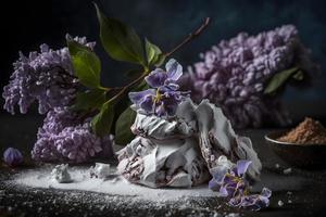 preparação para frito lilás flor com em pó açúcar. doce sobremesa fotografia foto