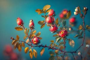 lindo Primavera fronteira, florescendo rosa arbusto em uma azul fundo. floração rosa ancas contra a azul céu foto