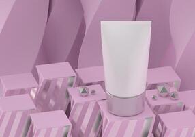 uma zombar acima do realista em branco Cosmético tubo isolado em brilhante Rosa fundo, 3d Renderização , 3d ilustração foto