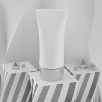 uma zombar acima do realista branco em branco Cosmético tubo e spray garrafa isolado em cinzento fundo, 3d Renderização , 3d ilustração foto