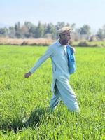 Paquistão agricultor espalhando fertilizante dentro a agricultura campo foto