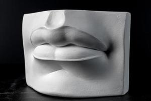 gesso lábios. uma fragmento do uma gesso escultura do uma humano face em uma Preto fundo. foto