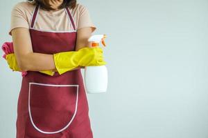 uma dona de casa dentro uma camisa limpa a casa com uma limpeza trapo e uma spray. família tarefas. foto