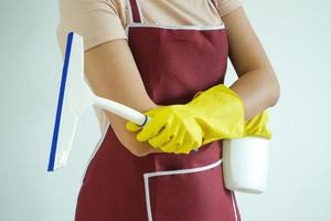 mulheres carregando casa limpeza equipamento de vestindo borracha luvas. foto