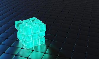 3d render cubos com azul brilhando em Sombrio fundo. foto