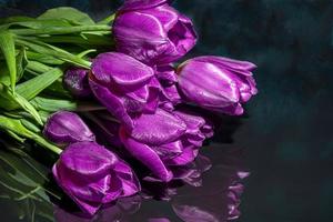 ramalhete do tulipas para a feriado. mulheres dia, dia dos namorados dia, nome dia. em uma Sombrio fundo com reflexão. foto