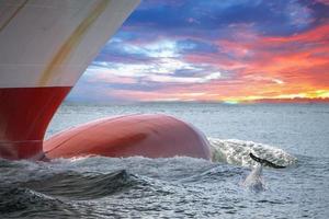 golfinho pulando sobre navio proa em vermelho céu pôr do sol foto