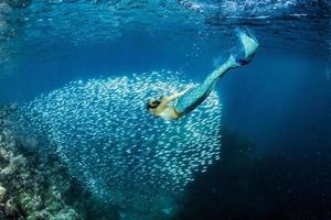 loira linda sereia mergulhador debaixo d'água foto