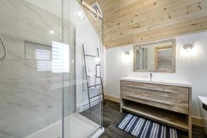 inverno chalés dentro controlo remoto área quebeque, Canadá, registro casa com sauna, spa, quartos de dormir, piscina, vivo sala, messanino, cozinha e banheiros foto