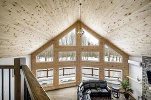 inverno chalés dentro controlo remoto área quebeque, Canadá, registro casa com sauna, spa, quartos de dormir, piscina, vivo sala, messanino, cozinha e banheiros foto