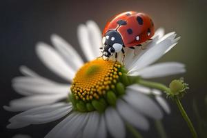 foto vermelho joaninha em camomila flor, joaninha rasteja em haste do plantar dentro Primavera dentro jardim dentro verão, fotografia