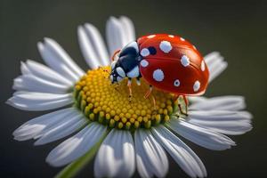 foto vermelho joaninha em camomila flor, joaninha rasteja em haste do plantar dentro Primavera dentro jardim dentro verão, fotografia