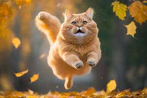 retrato engraçado vermelho gato vôo dentro a ar dentro outono fotografia foto