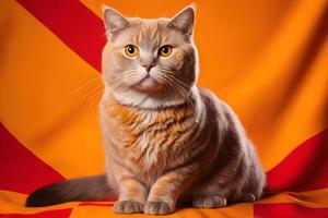 retrato retrato do uma gato escocês em linha reta com uma bandeira dentro patas em uma laranja fundo fotografia foto