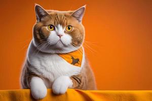 retrato retrato do uma gato escocês em linha reta com uma bandeira dentro patas em uma laranja fundo fotografia foto