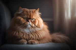 retrato do uma engraçado lindo vermelho fofo gato dentro a interior, animais de estimação fotografia foto