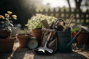 foto jardinagem - conjunto do Ferramentas para jardineiro e vasos de flores dentro ensolarado jardim, fotografia