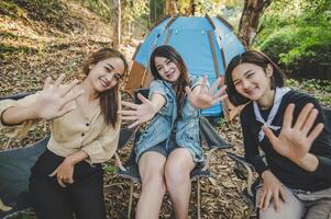 grupo do menina amigos apreciar com acampamento dentro parque juntos foto