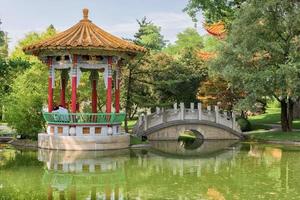 amantes sentado dentro chinês jardim ponte foto