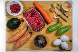 ingredientes crus. pronto para ser cozido. receita de ensopado de frango, cozinha europeia, cozinhado com guarnição de cogumelos, cebolinhas e outros. foto