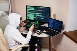 Garoto hacker fraudulentamente usar crédito cartão para pagamento. Internet roubo . homem vestindo uma balaclava com pirulito e segurando uma crédito cartão enquanto Sentou atrás uma computador portátil. foto