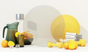 saudável conceito e exercício com exercício equipamento e citrino frutas e laranja suco em uma branco fundo cercado de natural objetos. 3d Renderização foto