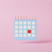 calendário com marcado encontro 3d Renderização ilustração. Rosa flutuando organizador com argolas, amarelo limite e notado com Estrela dia para evento ou feriado planejamento conceito isolado em branco fundo. foto