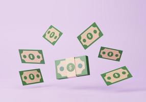 notas dólar verde dinheiro flutuando em roxa pastel fundo dinheiro digital custo salvando conceito. mínimo desenho animado estilo, 3d render foto