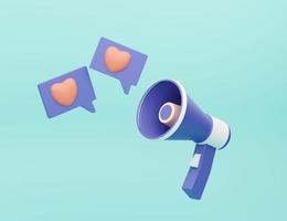 azul megafone e discurso bolha com coração. cliente análise. comentários conceito. conectados comentários reputação qualidade cliente análise, social conceito para apps e sites. 3d ilustração foto