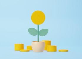 desenho animado mínimo mostrando financeiro moedas pilhas crescendo investimento com árvore em dinheiro o negócio desenvolvimento conceito. 3d render ilustração foto