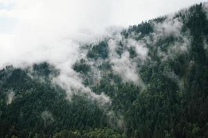 majestoso montanhas dentro a Alpes coberto com árvores e nuvens foto