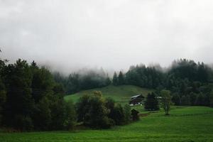 majestoso montanhas dentro a Alpes coberto com árvores e nuvens foto