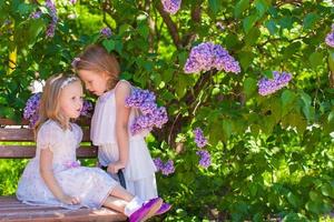 pequeno irmãs com flores dentro a jardim foto