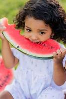 uma pequeno moreno menina com encaracolado cabelo dentro uma pálido Rosa vestir come uma Melancia em a grama. piquenique dentro a parque. feliz infância. espaço para texto. Alto qualidade foto