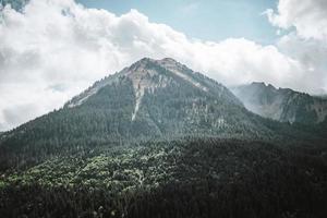 majestoso montanhas dentro a Alpes coberto com árvores e nuvens foto