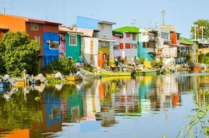 Bandar anzali, Eu corri - 10º junho, 2022 - lindo colorida iraniano casas ao longo zonas úmidas rio dentro Bandar anzali, Cáspio mar costa turista atração. norte Irã, Gilan província foto