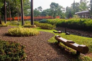 cênico Visão do uma jardim panorama com surpreendente plantas e flores paisagens dentro a público parque debaixo uma nublado céu foto