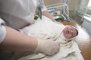 neonatologia. uma recém-nascido dentro uma especial incubadora. médico funcionários carinhoso para uma recém-nascido dentro a hospital. foto