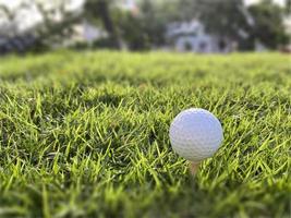 bola de golfe fechar na grama verde na bela paisagem borrada do campo de golfe com nascer do sol, hora do pôr do sol no esporte internacional background.concept que dependem de habilidades de precisão para relaxamento de saúde. foto