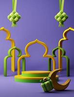 3d Renderização hari raya rmandan pódio produtos exibição com mesquita e islâmico decorativo elemento. roxa tema eid Mubarak promoção venda publicidade campanha foto